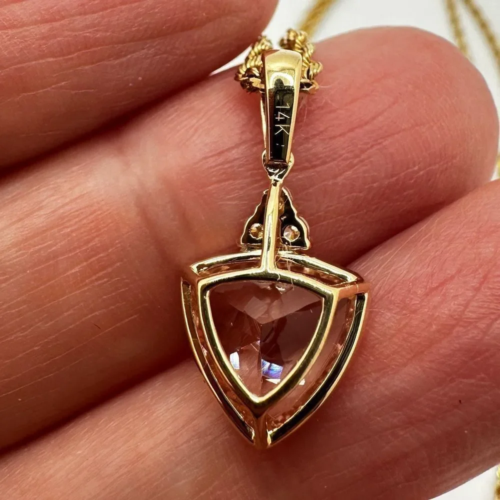 NWT 10mm trillion cut morganite w/ accent .18ct diamonds set in 14k YG necklace!